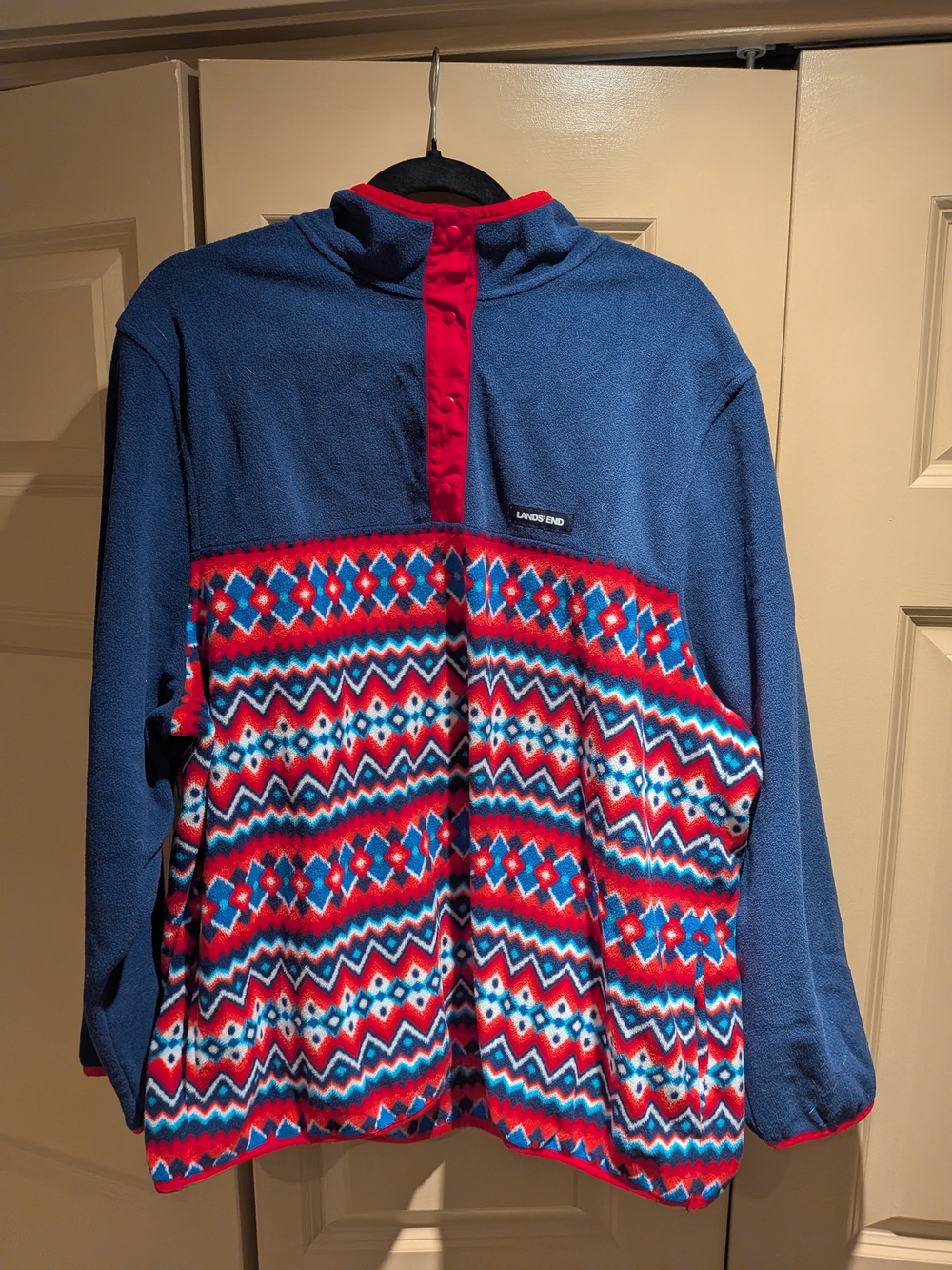 Lands' End Blue & Red Patterned Fleece Pullover Women's 2X
